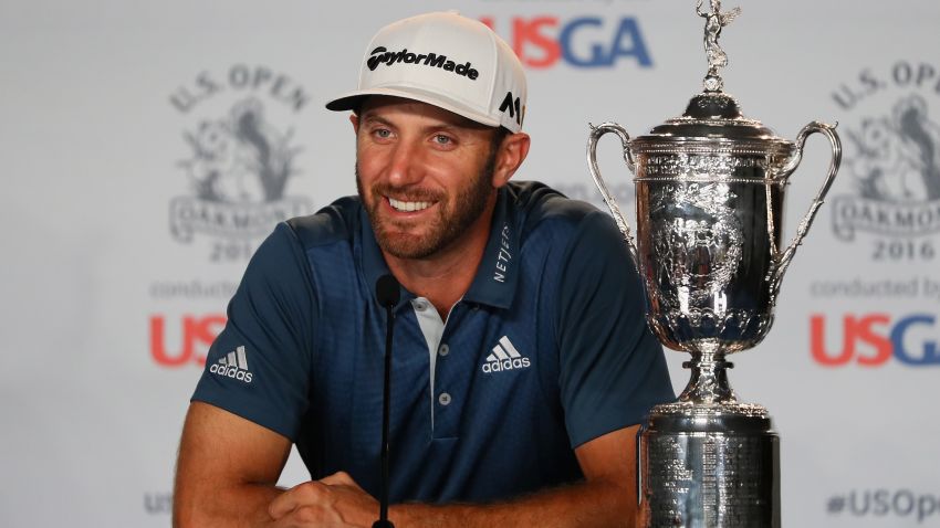 OAKMONT, PA - JUNE 19:  Dustin Johnson of the United States speaks at a press conference after winning the U.S. Open at Oakmont Country Club on June 19, 2016 in Oakmont, Pennsylvania.  (Photo by Andrew Redington/Getty Images)