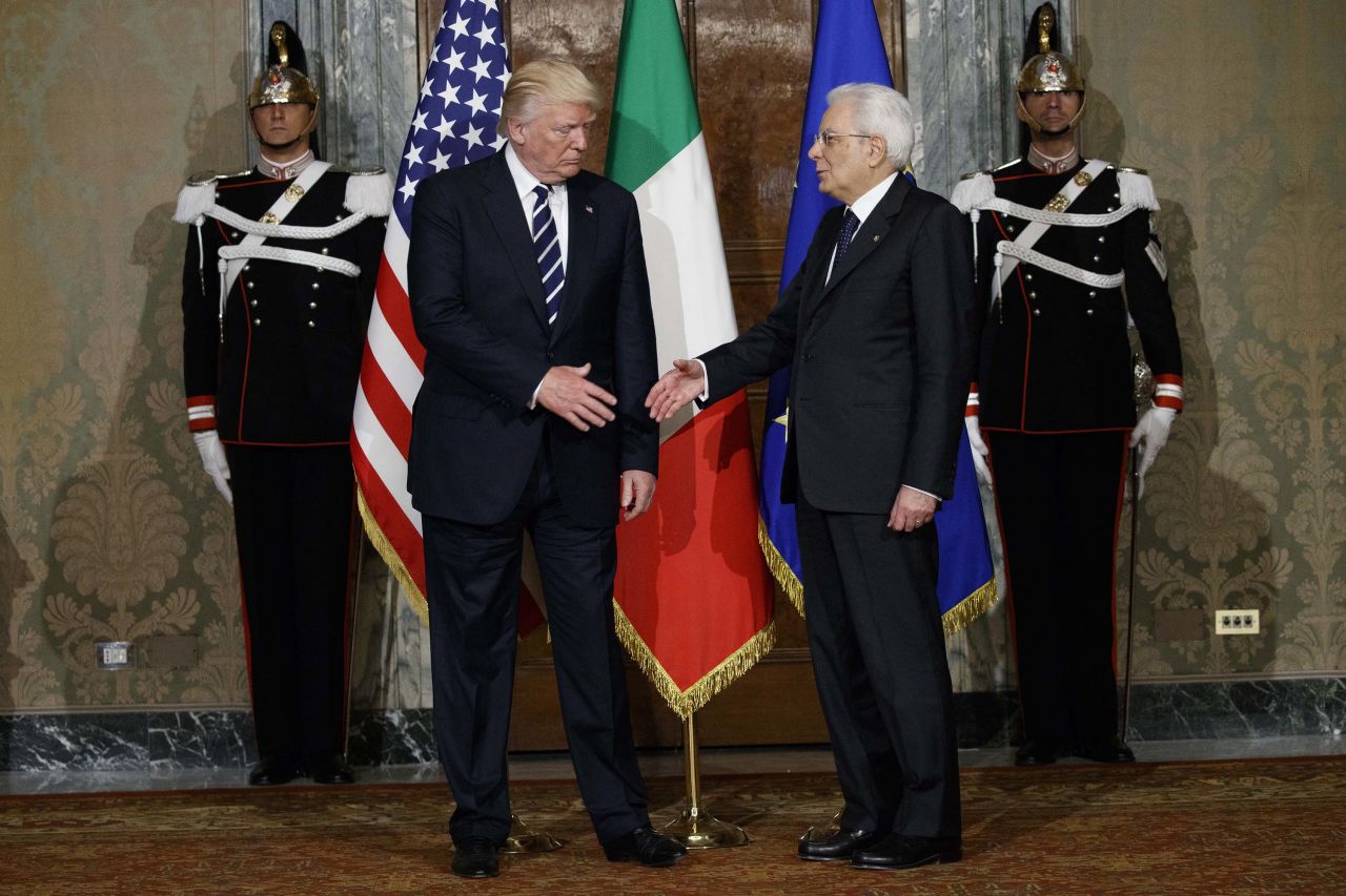 Trump shakes hands with Italian President Sergio Mattarella in Rome on May 24.