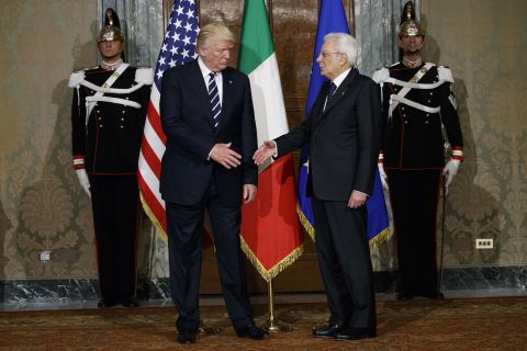 Trump shakes hands with Italian President Sergio Mattarella in Rome on May 24.