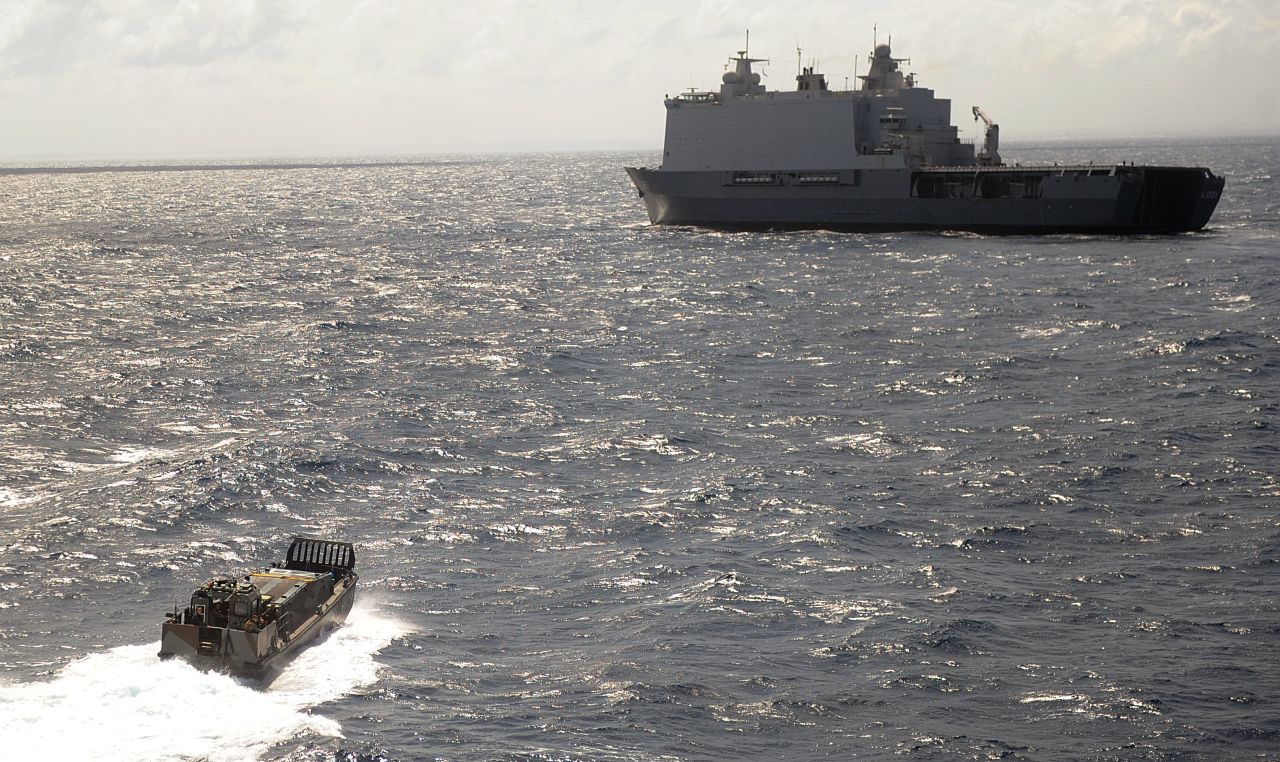 Dutch amphibious assault warship patrols the Somali coast. The ship is part of the EU Naval Force (EU NAVFOR), which protects ships in the HRA. 