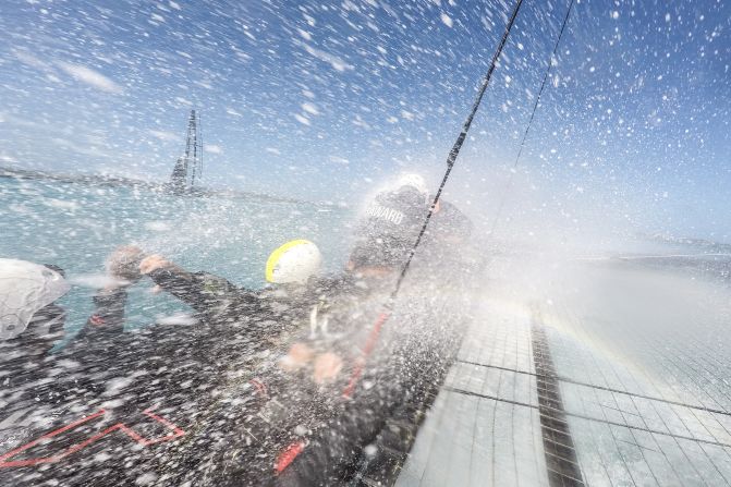 <strong>SoftBank Team Japan:</strong> "This shot was taken onboard the team's AC45 Sport test boat last year as we were developing our race foils. You can see Artemis Racing nearby testing as well. Usually when hit with this water doing 40 knots your instinct is to close your eyes but you need to keep them open to realize the framing and timing of a shot like this" -- Matt Knighton.