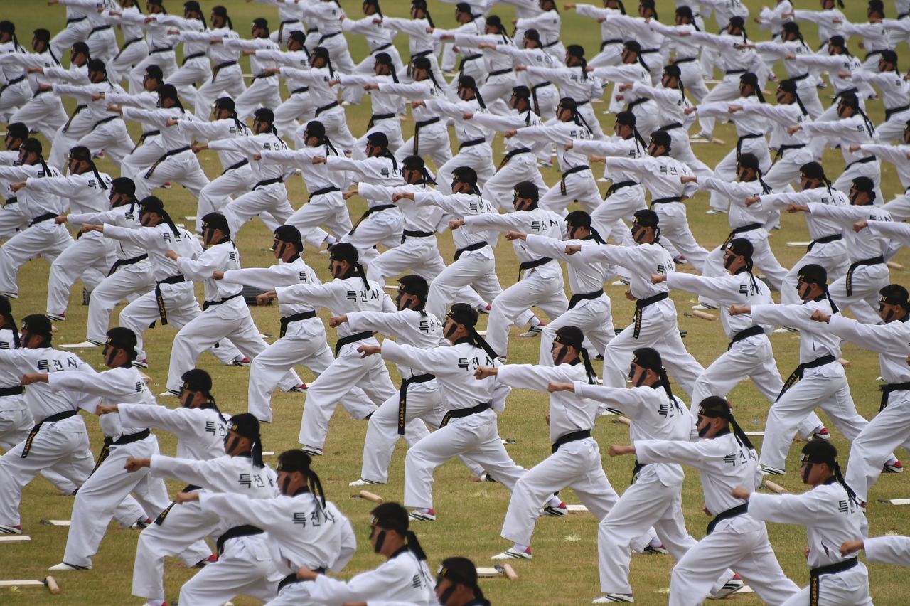 "Special Warrior" soldiers perform a taekwondo demonstration on South Korea's Armed Forces Day.