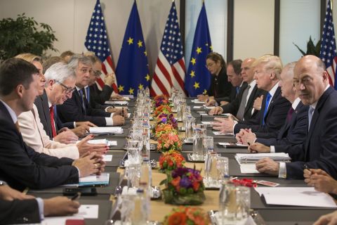 Trump, third from right, attends a meeting with leaders at the European Council.