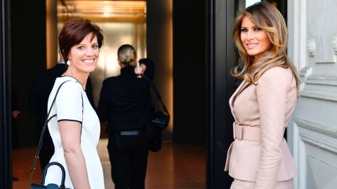 Melania Trump visits the Magritte Museum in Brussels with Amelie Derbaudrenghien, partner of Belgian Prime Minister Charles Michel.