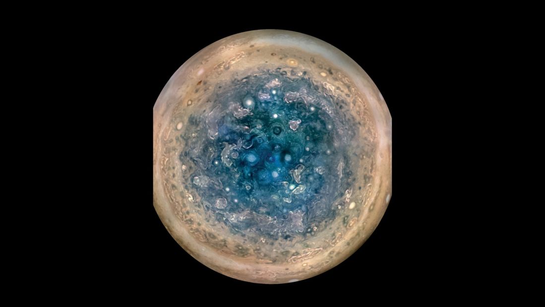 This image shows Jupiter's south pole, as seen by NASA's Juno spacecraft from an altitude of 32,000 miles (52,000 kilometers). The oval features are cyclones, up to 600 miles (1,000 kilometers) in diameter. Multiple images taken with the JunoCam instrument on three orbits were combined to show all areas in daylight, enhanced color and stereographic projection.