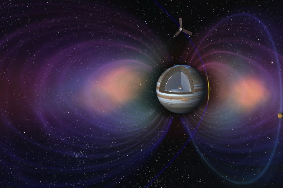 This artist's concept shows the pole-to-pole orbits of the NASA's Juno spacecraft at Jupiter. 