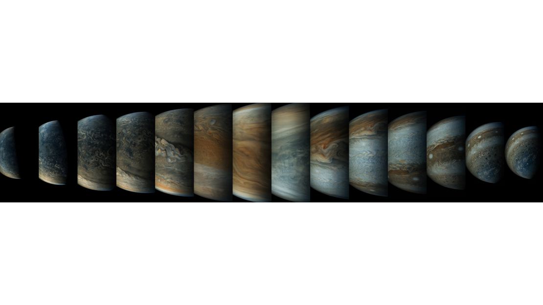 This sequence of enhanced-color images shows how quickly the viewing geometry changes for NASA's Juno spacecraft as it swoops by Jupiter. T