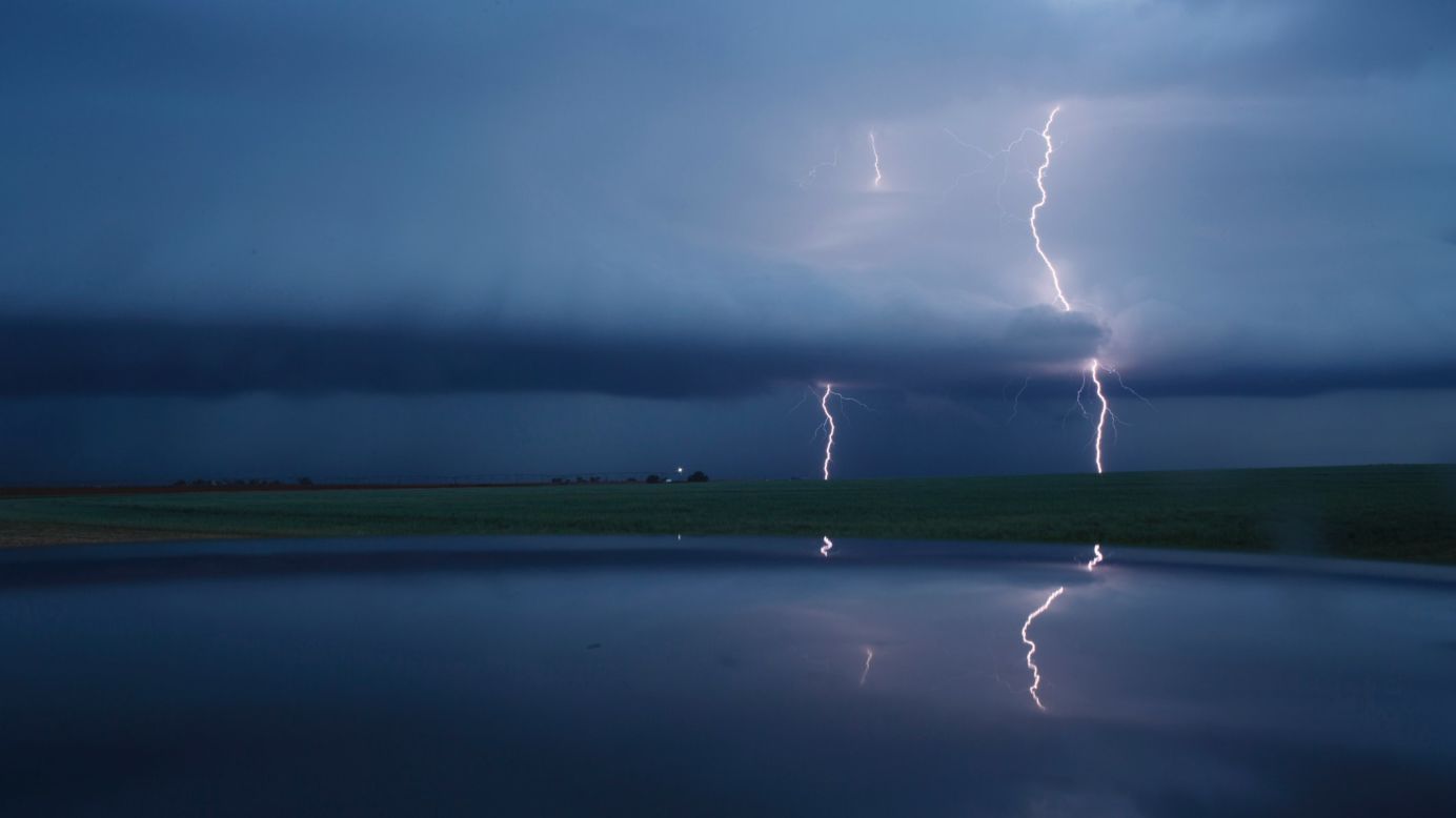 <strong>Lamb County, Texas: </strong>This dramatic image captures cloud-to-ground lightning strikes during a supercell thunderstorm on May 9, 2017. 
