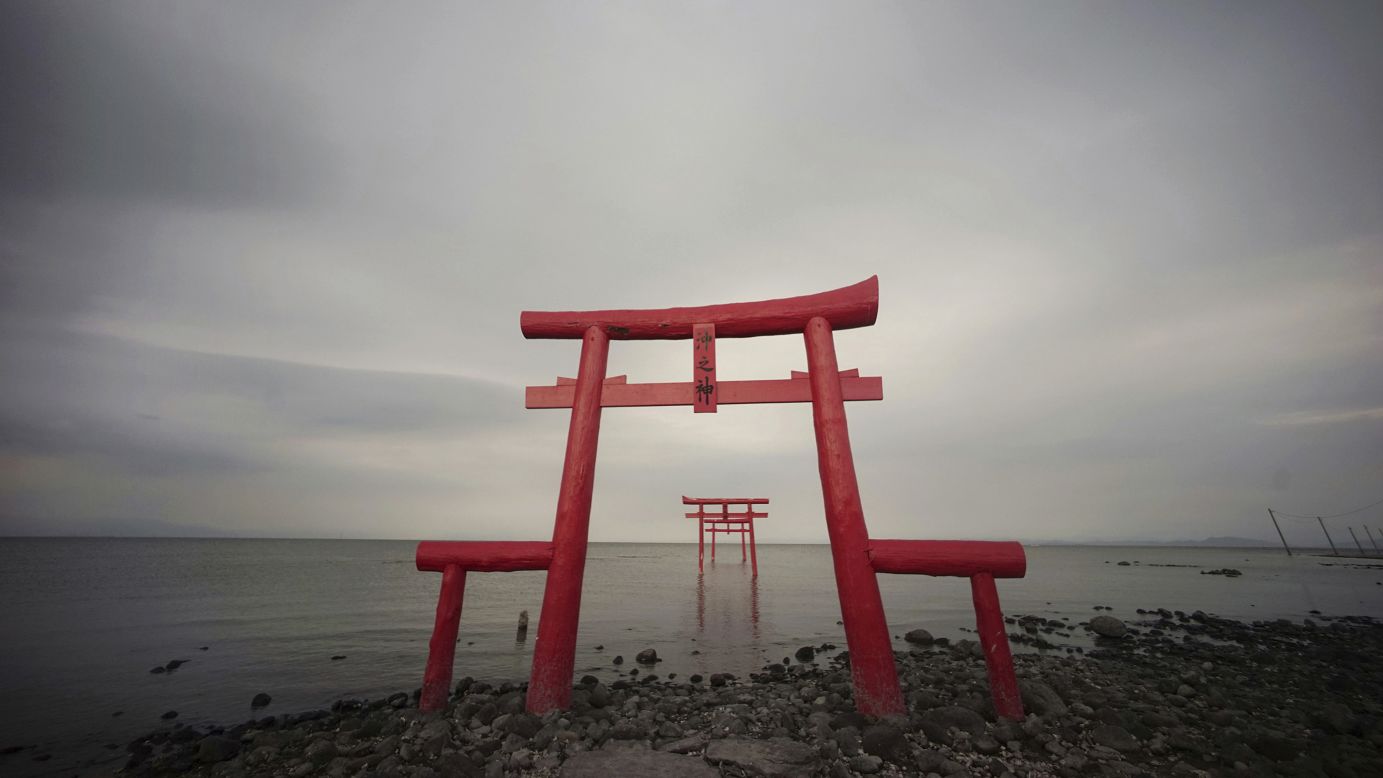 <strong>Tara, Japan: </strong>Traditional Japanese Torii gates stand on the shore and out into the Ariake Sea in Tara, Saga Prefecture. 