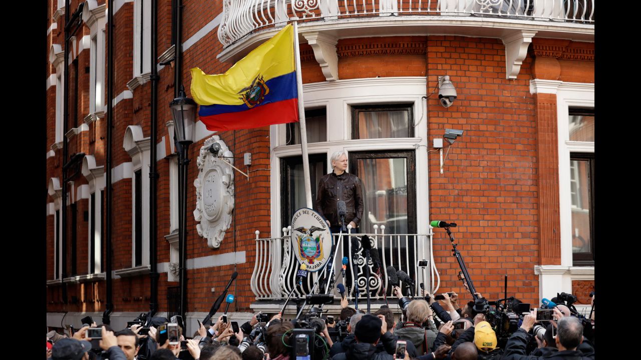 WikiLeaks founder Julian Assange stands on the balcony of the Ecuadorian Embassy prior to speaking in London on Friday, May 19. Assange has been holed up at the embassy since 2012, in an effort to avoid a Swedish arrest warrant. <a href="http://www.cnn.com/2017/05/19/europe/julian-assange-sweden-charges-dropped/" target="_blank">Sweden is dropping its rape investigation of Assange,</a> according to a prosecution statement. But Assange is still the subject of a UK arrest warrant.