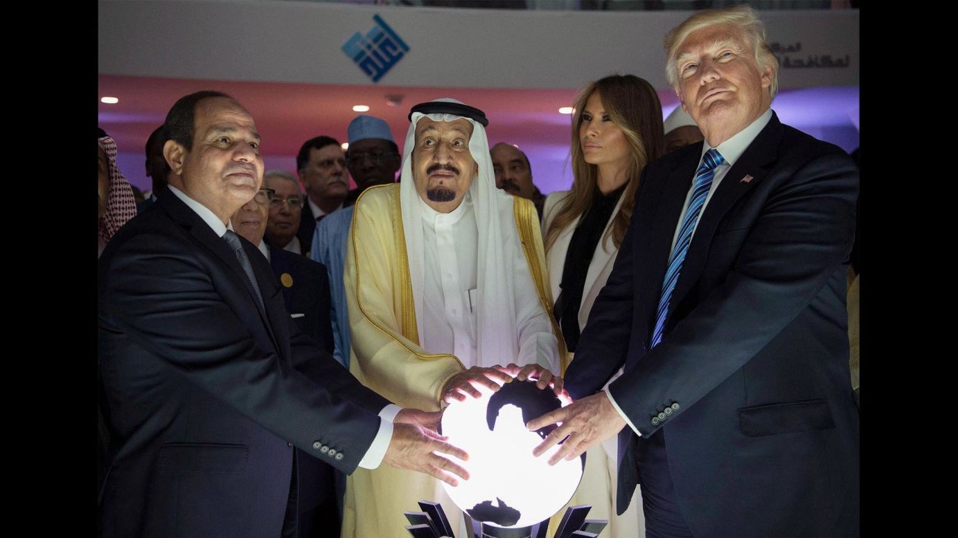 From right, US President Donald Trump, first lady Melania Trump, Saudi King Salman bin Abdulaziz Al Saud and Egyptian President Abdel Fattah el-Sisi attend an inauguration ceremony Sunday, May 21, for the Global Center for Combating Extremist Ideology. The facility is in Riyadh, Saudi Arabia. <a href="http://www.cnn.com/2017/05/20/politics/gallery/trump-first-foreign-trip/index.html" target="_blank">See more photos from the President's first foreign tour</a>