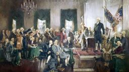 The Signing of the Constitution of the United States, with George Washington, Benjamin Franklin, and Thomas Jefferson at the Constitutional Convention of 1787; oil painting on canvas by Howard Chandler Christy, 1940. The painting is 20 by 30 feet and hangs in the United States Capitol building. (Photo by GraphicaArtis/Getty Images)