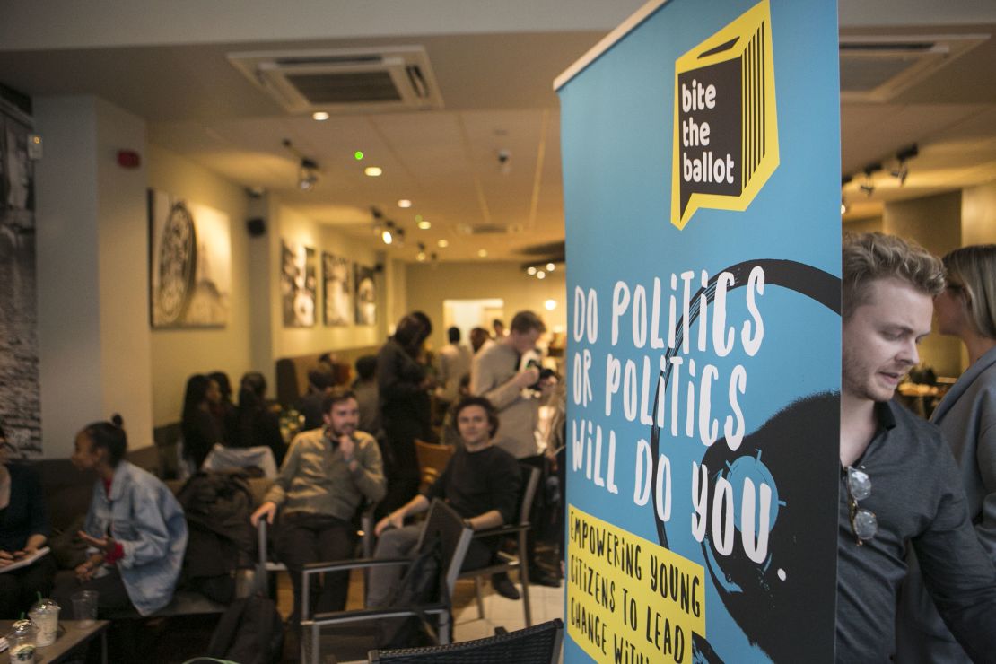 Young voters in London gather to talk politics at a Bite the Ballot event at a Starbucks ahead of the June 8 election. 