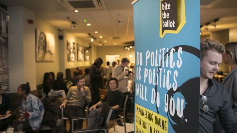 Young voters in London gather to talk politics at a Bite the Ballot event at a Starbucks ahead of the June 8 election.