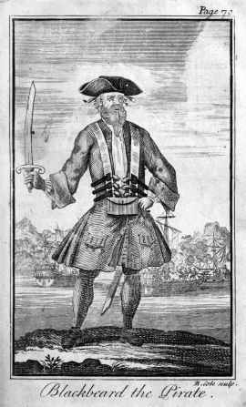 <strong>Blackbeard: </strong>A woodcutting of the most notorious and infamous pirate of the golden age of piracy, Edward Teach, more commonly referred to as Blackbeard. Taken from "A General History of the Pyrates" (1724).