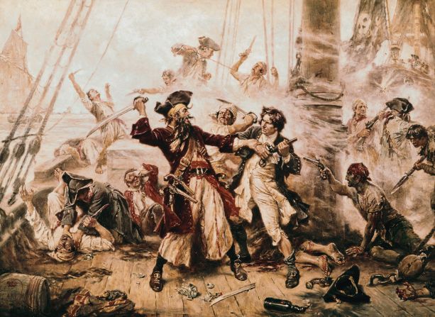 The Capture of the Pirate, Blackbeard, 1718 by Jean Leon Gerome Ferris. Depicting the fierce duel between Teach and Lieutenant Robert Maynard of the British Royal Navy.