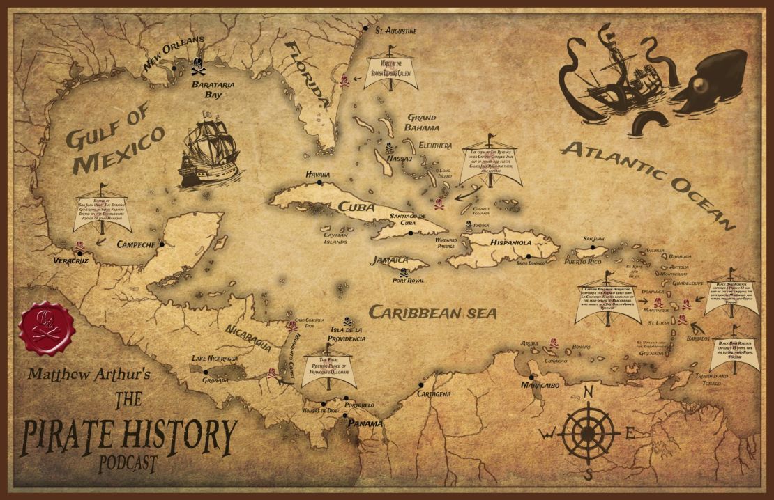 A map of the Caribbean depicting some of the pirates' bases and the location of significant events. 