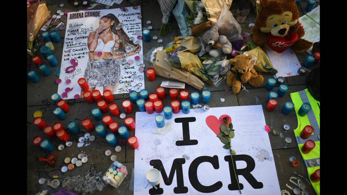 Tributes left in St. Ann's Square for the people who died in the Manchester terror attack.