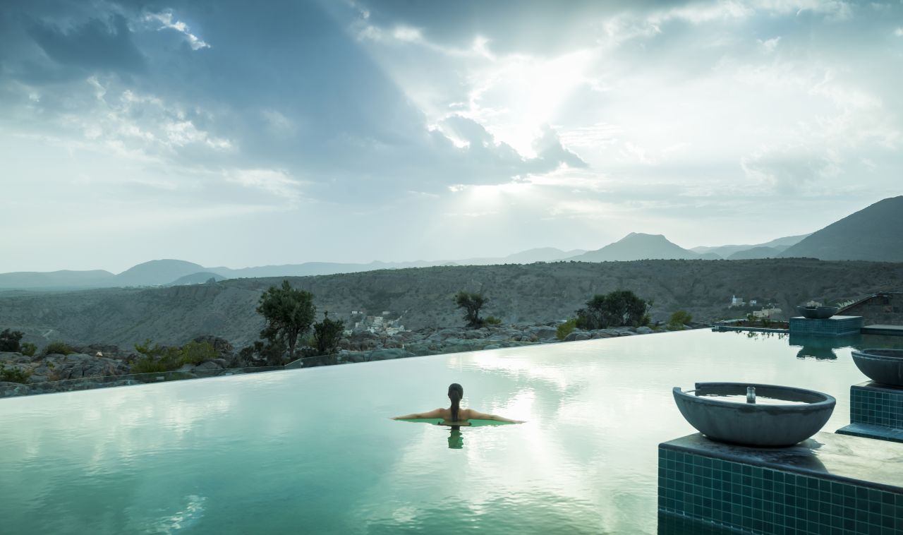The Anantara Al Jabal Akhdar Resort features an infinity pool overlooking Oman's grand canyon.