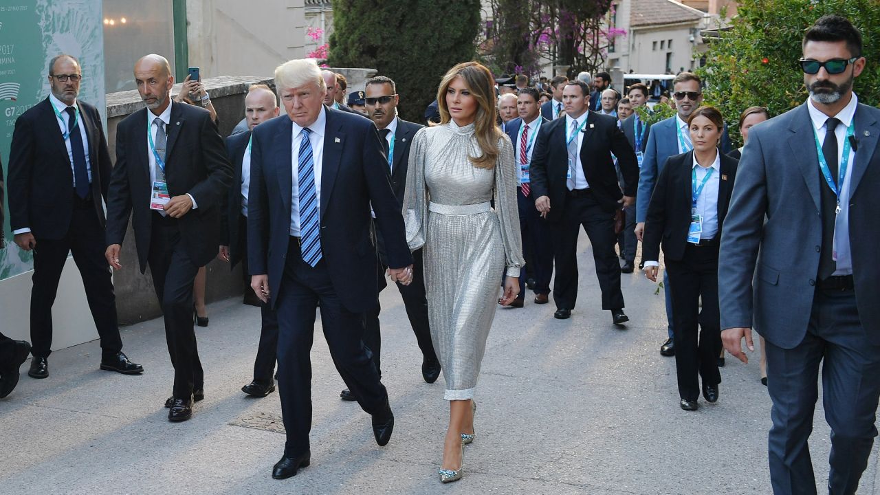 President Donald Trump and his wife, Melania, arrive for a concert of the La Scala Philharmonic Orchestra while in Taormina, Italy, on Friday, May 26. The Trumps are in Italy for a two-day G-7 summit.