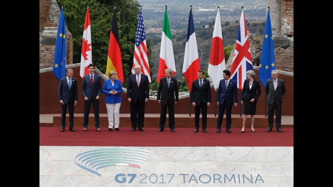 Trump and other leaders pose for a group photo at the G-7 summit on May 26. From left are European Council President Donald Tusk, Canadian Prime Minister Justin Trudeau, German Chancellor Angela Merkel, Trump, Italian Prime Minister Paolo Gentiloni, French President Emmanuel Macron, Japanese Prime Minister Shinzo Abe, British Prime Minister Theresa May and European Commission President Jean-Claude Juncker.