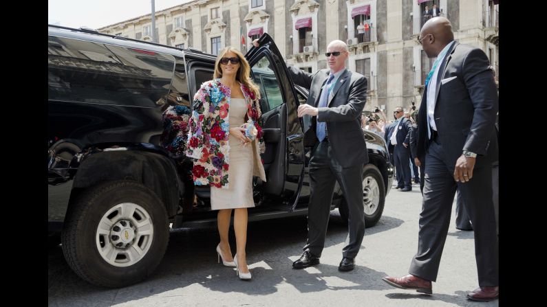 Melania Trump arrives at the City Hall in Catania, Italy, on May 26. She was wearing <a href="index.php?page=&url=http%3A%2F%2Fwww.cnn.com%2F2017%2F05%2F26%2Fpolitics%2Fmelania-trump-dolce-gabbana-jacket-sicily%2Findex.html" target="_blank">a $51,500 Dolce & Gabbana jacket </a>as she met with other spouses of G-7 leaders.