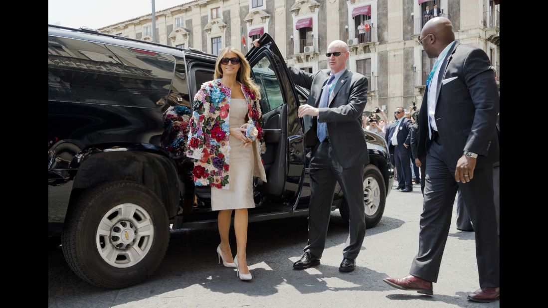 Melania Trump arrives at the City Hall in Catania, Italy, on May 26. She was wearing <a href="http://www.cnn.com/2017/05/26/politics/melania-trump-dolce-gabbana-jacket-sicily/index.html" target="_blank">a $51,500 Dolce & Gabbana jacket </a>as she met with other spouses of G-7 leaders.
