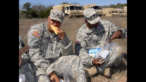 These troops are chowing down on a "first-strike" shelf-stable pocket sandwich, which the Department of Defense says has always scored high in field tests. It's called first strike because it's designed to be used during initial periods of highly intense, highly mobile combat operations.<br />"Between MREs, first-strike options and modular rations, they've got such a variety of options," Deuster said. "Sports bars, raisins, applesauce -- there are all sorts of things you can eat on the go."