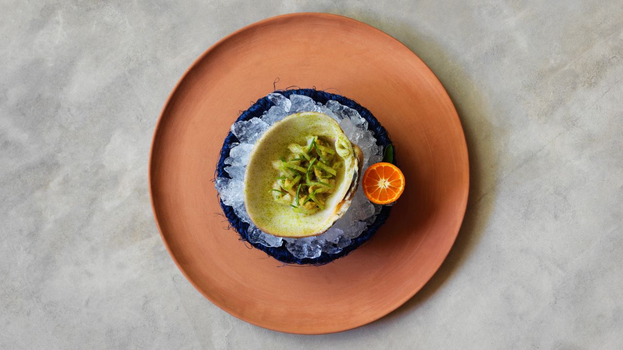 Melon clam from the Sea of Cortez served with beach herbs and mandarin
