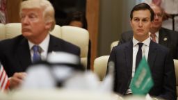 White House senior adviser Jared Kushner looks on during a meeting between U.S. President Donald Trump, left, and leaders at the Gulf Cooperation Council Summit, at the King Abdulaziz Conference Center, Sunday, May 21, 2017, in Riyadh, Saudi Arabia. 