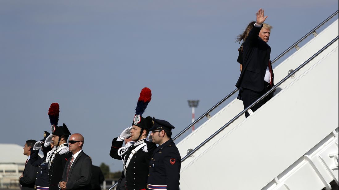 President Donald Trump and first lady Melania Trump board Air Force One on Saturday, May, 27, 2017, at Naval Air Station Sigonella in Italy. They were headed back to the United States after a nine-day trip to the Middle East and Europe. 