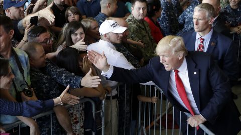 President Trump greets people on May 27, after speaking to US troops at Naval Air Station Sigonella.
