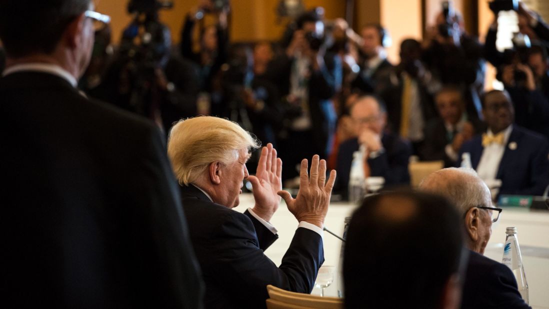 President Trump gestures on May 27, during a G-7 session.