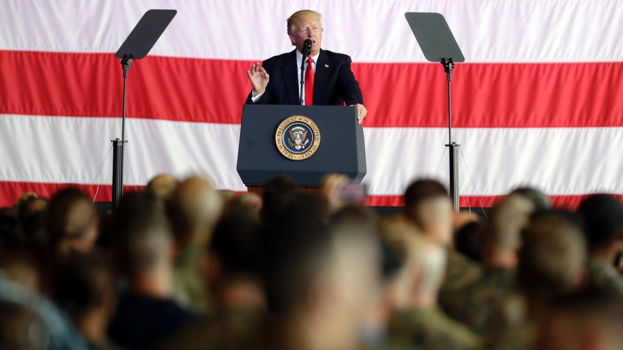 President Trump addresses US troops and their families on May 27, at the Sigonella Naval Air Station.