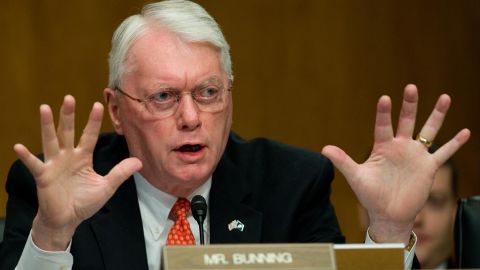 US Senator Jim Bunning, a Republican from Kentucky, questions US Secretary of Housing and Urban Development Shaun Donovan (not pictured) as he testifies before the Senate Banking, Housing and Urban Affairs Committee on the state of the country's housing market on Capitol Hill in Washington, DC, October 20, 2009.