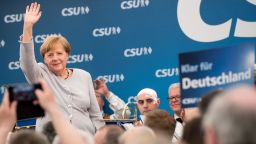 German Chancellor Angela Merkel waves after delivering a speech during a joint campaigning event of the Christian Democratic Union (CDU) and the Christion Social Union (CSU) in Munich, southern Germany, on May 27, 2017. 