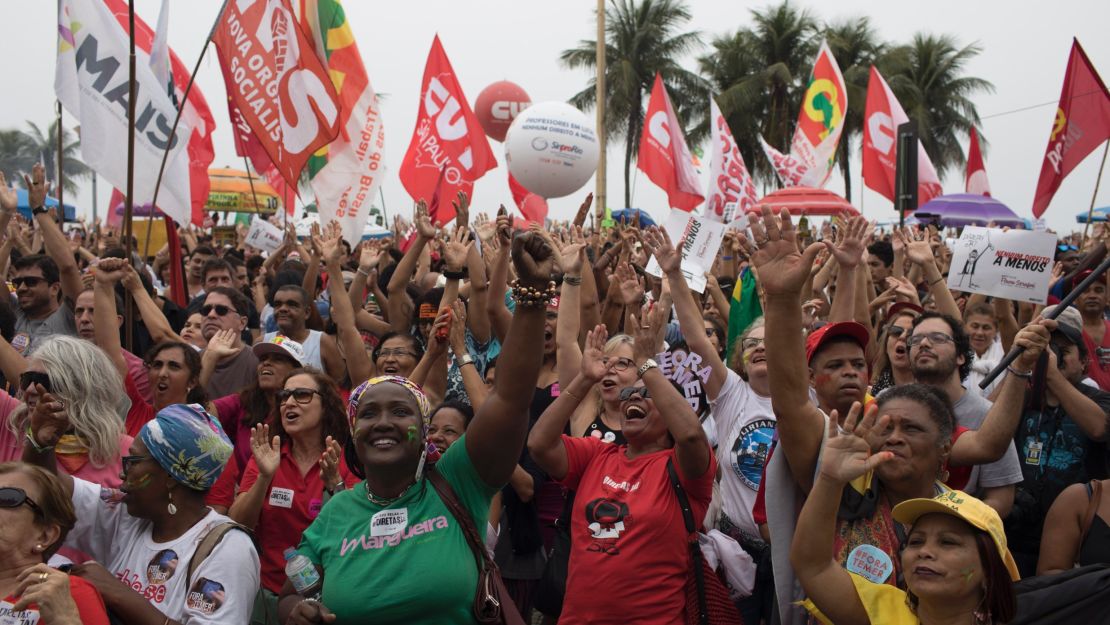 Demonstrators protest against Brazilian President Michel Temer at the Copacabana beach in Rio de Janeiro, Brazil on Sunday.