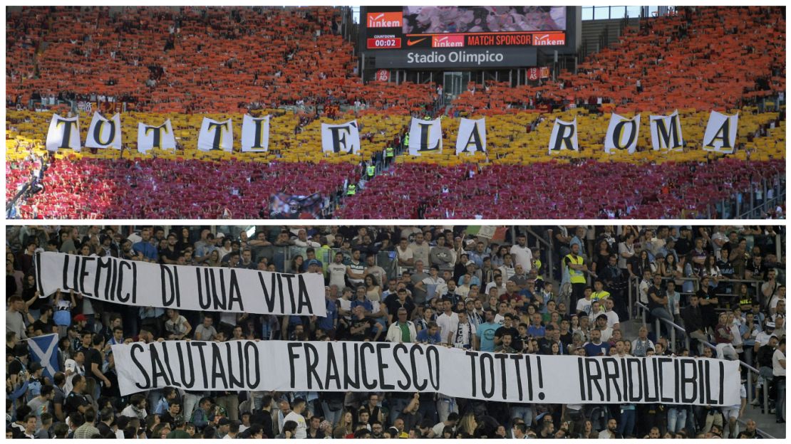 Rome unites. He may have been their "enemy of a lifetime," but even Lazio fans displayed a message saluting Totti. 