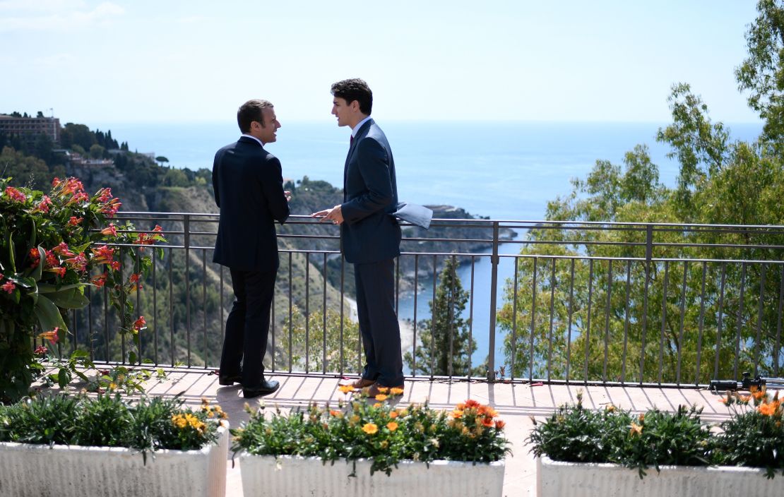 Canadian Prime Minister Justin Trudeau, right, and French President Emmanuel Macron talk in May.