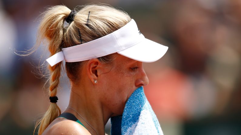 Angelique Kerber, the world's No. 1 tennis player, reacts during her French Open match against Ekaterina Makarova on Sunday, May 28. <a href="index.php?page=&url=http%3A%2F%2Fwww.cnn.com%2F2017%2F05%2F28%2Ftennis%2Fangelique-kerber-french-open-ekaterina-makarova%2F" target="_blank">Kerber lost 6-2, 6-2,</a> becoming the first top-seeded woman ever to lose in the tournament's first round.
