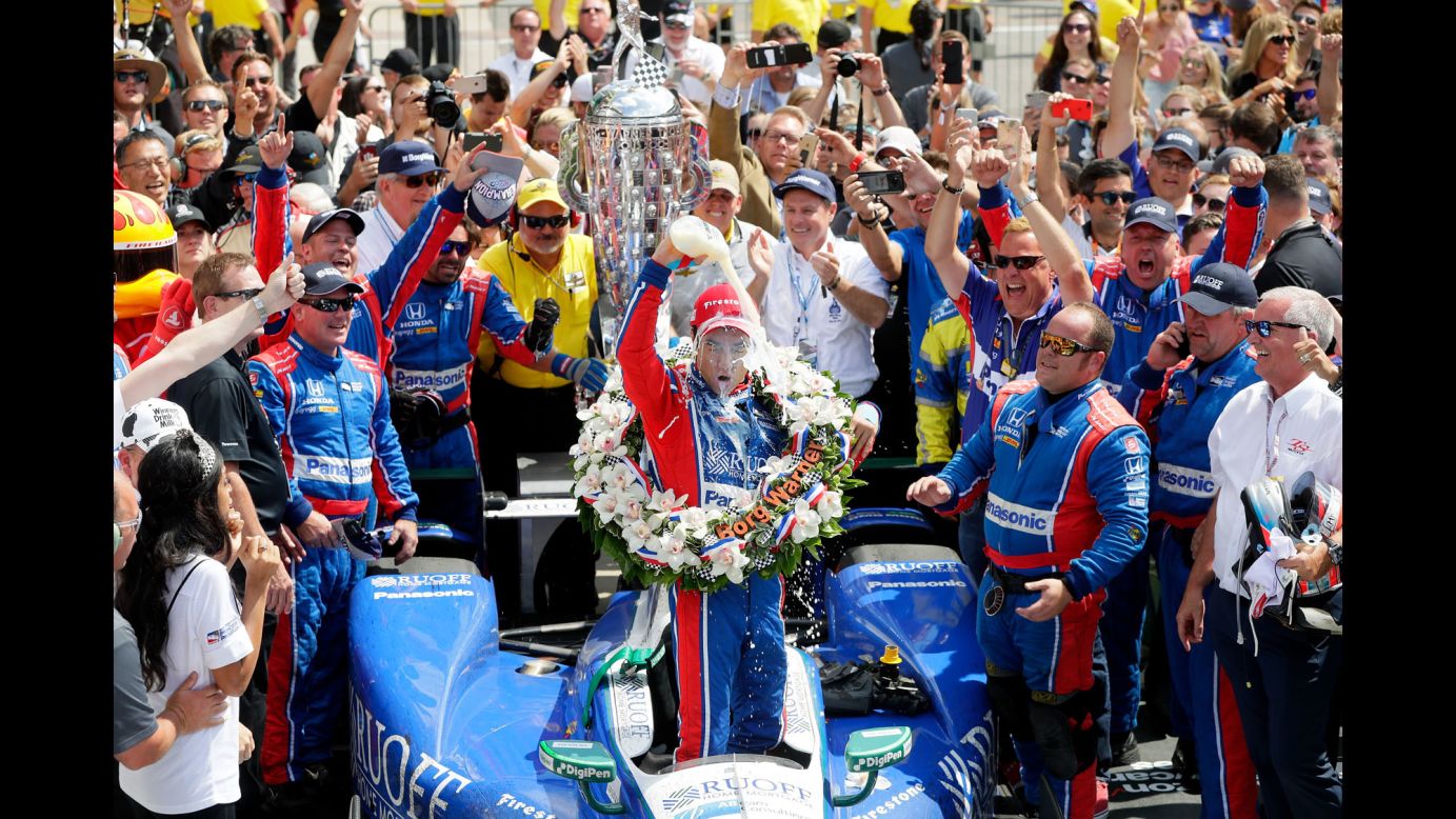 Takuma Sato dumps milk on his head Sunday, May 28, after becoming the first Japanese driver <a href="http://www.cnn.com/2017/05/28/sport/indianapolis-500/" target="_blank">to win the Indianapolis 500.</a> Milk has long been a tradition at the legendary race.