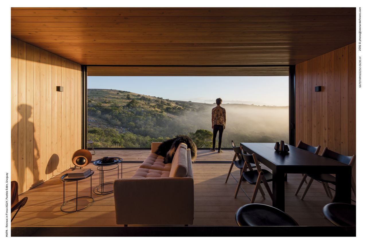 The team at <a href="http://mapaarq.com/ede-refugio-en-finca-aguy-pueblo-eden" target="_blank" target="_blank">MAPA Architects</a> devised a contemporary retreat that was fabricated in a factory near Montevideo, Uruguay, and then transported to the site in Pueblo Edén.