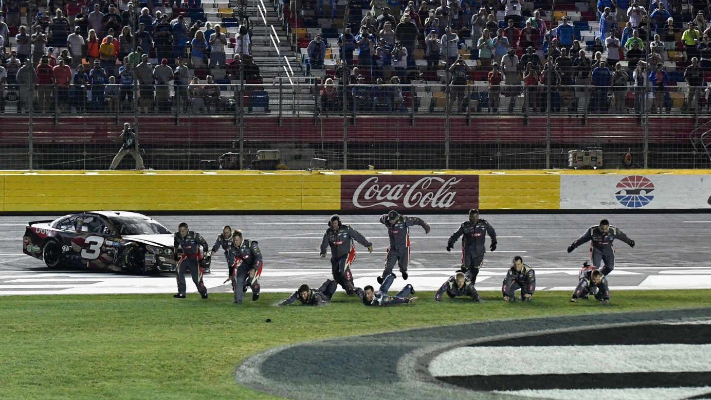 NASCAR driver Austin Dillon and his crew celebrate their Cup Series win at Charlotte Motor Speedway on Sunday, May 28.