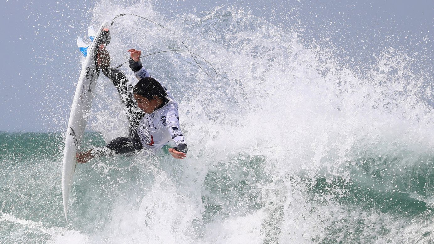 Yuri Ogasawara competes at the World Surfing Games in Biarritz, France, on Saturday, May 27.