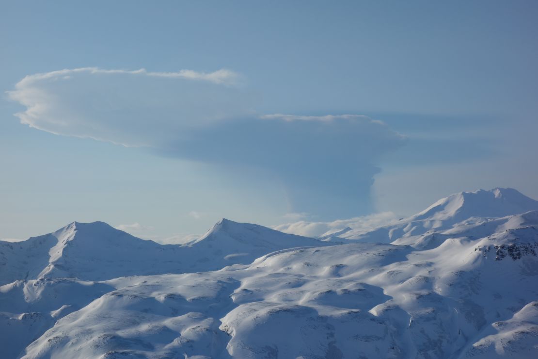An ash cloud from the erupting Bogoslof volcano, seen from nearby Unalaska island. 