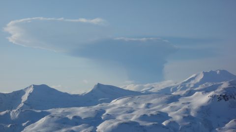 An ash cloud from the erupting Bogoslof volcano, seen from nearby Unalaska island.