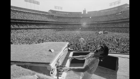 John performs at Dodger Stadium in Los Angeles in 1975.