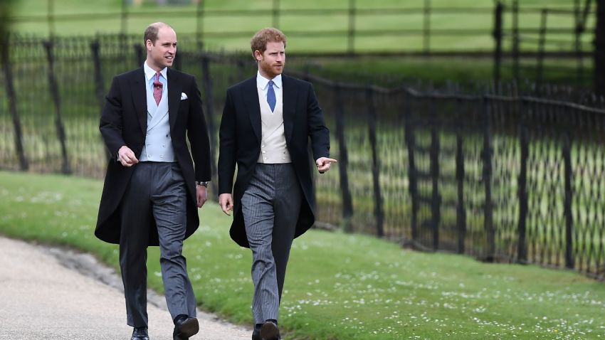 TOPSHOT - Britain's Prince Harry (R) and Britain's Prince William, Duke of Cambridge walk to the church for the wedding of Pippa Middleton and James Matthews at St Mark's Church in Englefield, west of London, on May 20, 2017.
Pippa Middleton hit the headlines with a figure-hugging outfit at her sister Kate's wedding to Prince William but now the world-famous bridesmaid is becoming a bride herself. Once again, all eyes will be on her dress as the 33-year-old marries financier James Matthews on Saturday at a lavish society wedding where William and Kate's children will play starring roles. / AFP PHOTO / POOL / Justin TALLIS        (Photo credit should read JUSTIN TALLIS/AFP/Getty Images)