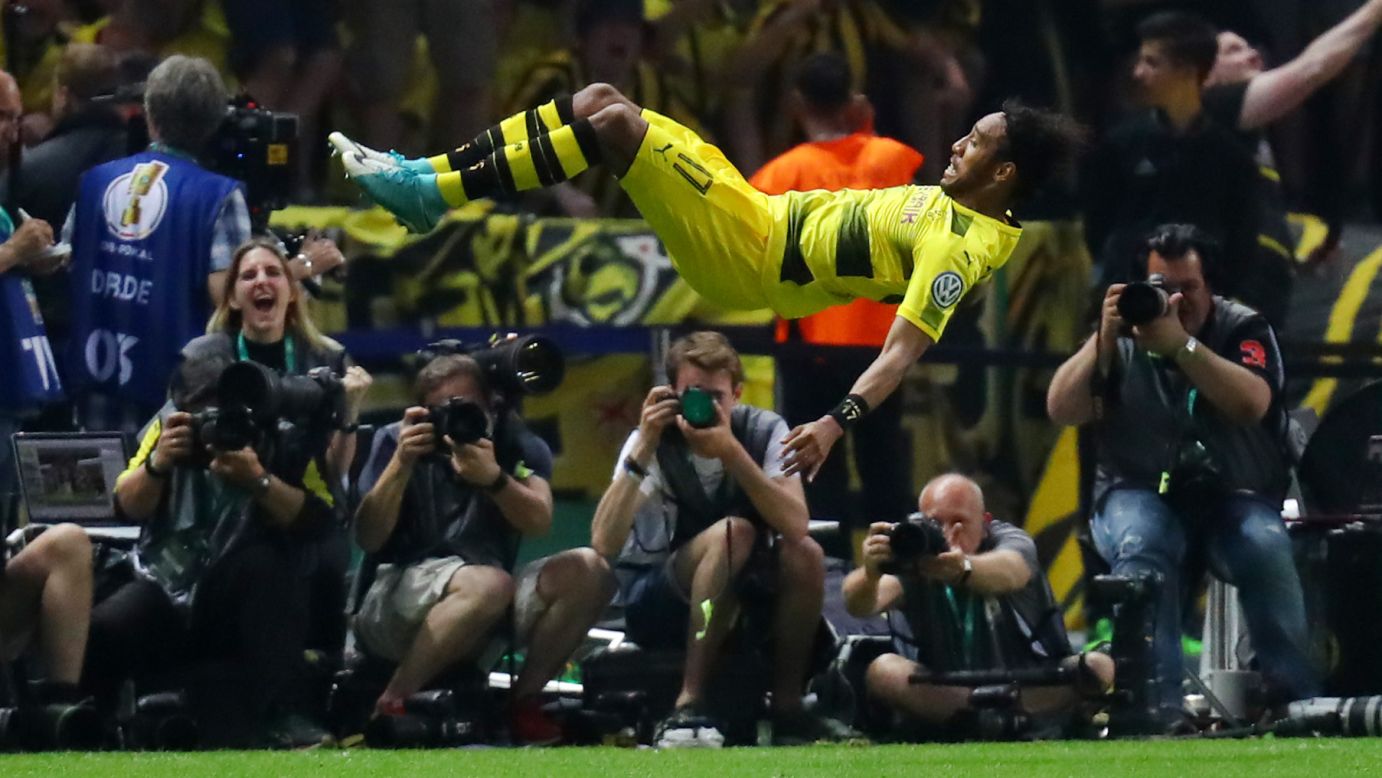Dortmund's Pierre-Emerick Aubameyang goes horizontal as he celebrates his goal in the German Cup final on Saturday, May 27. Dortmund won the match 2-1.