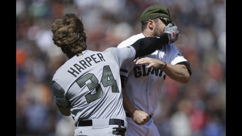 Washington's Bryce Harper hits San Francisco's Hunter Strickland in the face after being hit with a pitch during a Major League Baseball game in San Francisco on Monday, May 29. Both players were ejected after <a href="index.php?page=&url=http%3A%2F%2Fbleacherreport.com%2Farticles%2F2712437-bryce-harper-ejected-after-throwing-helmet-punches-during-bench-clearing-fight" target="_blank" target="_blank">the benches-clearing brawl.</a>